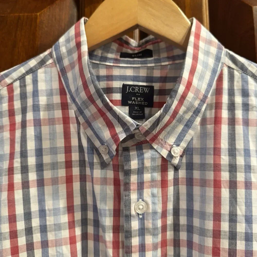 J.Crew Flex Washed Plaid Button Down Shirt Red Blue White Gingham Shirt XL